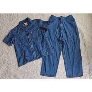 Vintage Quacker Factory Cherries Jacket Shirt Capri Jeans Denim Set Women MEDIUM